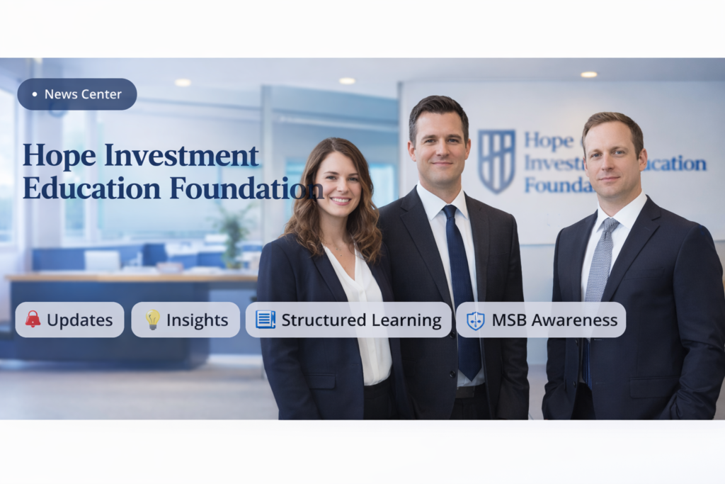 Hope Investment Education Foundation news page image featuring three professionals in a modern office setting with icons for updates, insights, structured learning, and MSB awareness