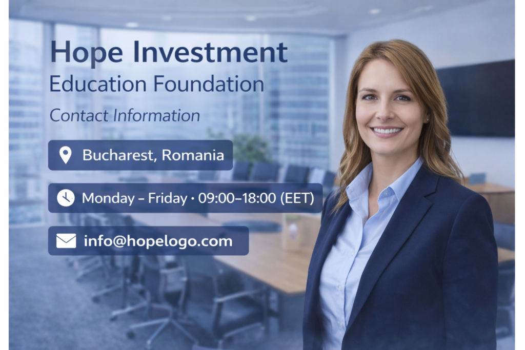 Contact page image for Hope Investment Education Foundation showing a professional representative in a modern office environment with location, business hours, and email contact information