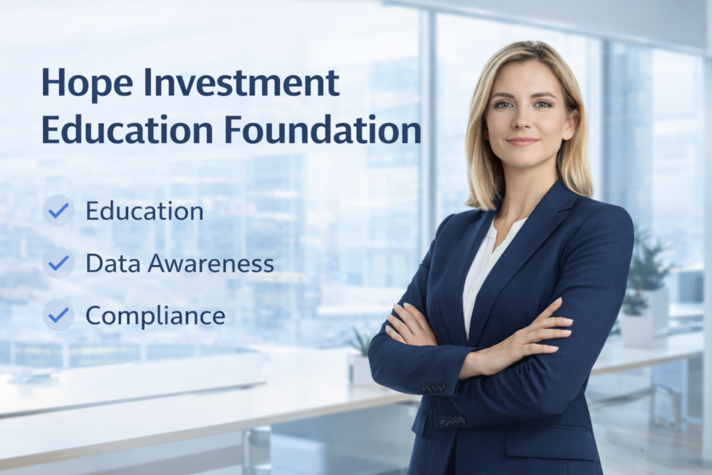 About Hope Investment Education Foundation showing a professional individual in a modern corporate office environment, highlighting education focus, data awareness, and compliance principles